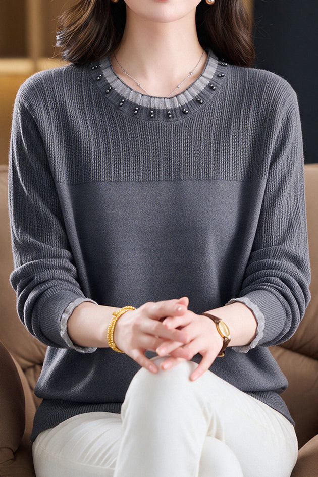 Chic Crew Neck Knit Sweater with Sheer Mesh Ruffle Trim