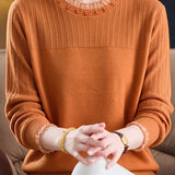 Chic Crew Neck Knit Sweater with Sheer Mesh Ruffle Trim