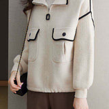 Casual Collared Colorblock Zip-Up Knit Cardigan