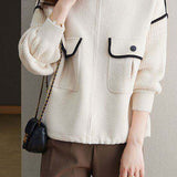 Casual Collared Colorblock Zip-Up Knit Cardigan