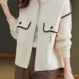 Casual Collared Colorblock Zip-Up Knit Cardigan