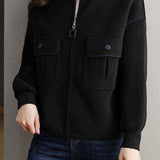 Casual Collared Colorblock Zip-Up Knit Cardigan