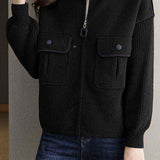 Casual Collared Colorblock Zip-Up Knit Cardigan