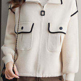 Casual Collared Colorblock Zip-Up Knit Cardigan