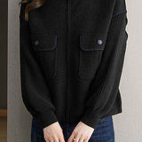 Casual Collared Colorblock Zip-Up Knit Cardigan