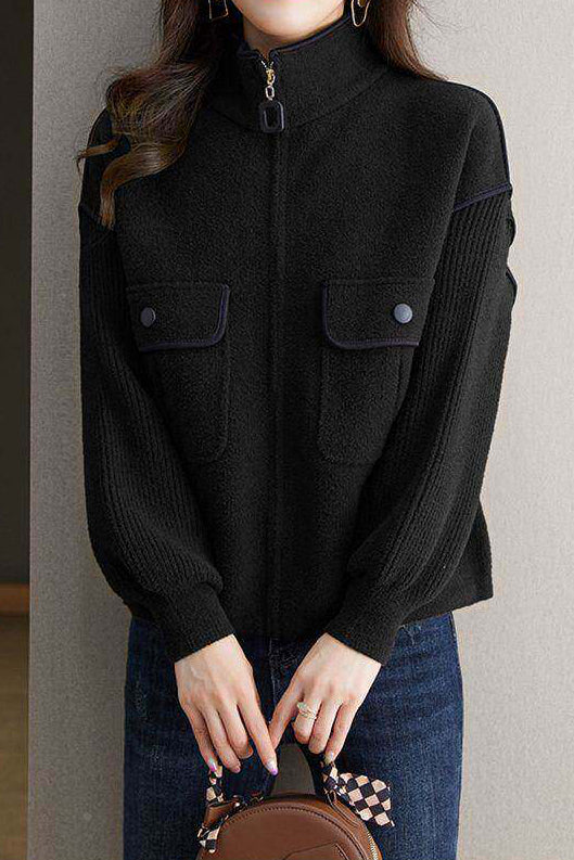 Casual Collared Colorblock Zip-Up Knit Cardigan