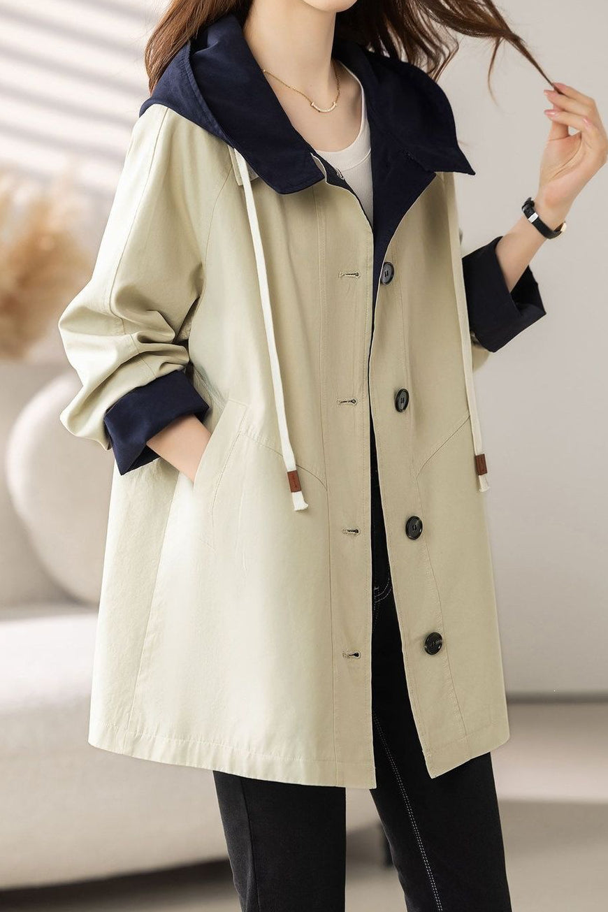 Casual Colorblock Hooded Mid-Length Trench Coat