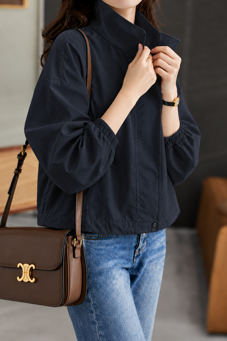 Casual Stand Collar Drawstring Cropped Jacket