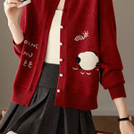 Casual Crew Neck Lamb Embroidered Knit Cardigan - liwisi