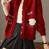 Casual Crew Neck Lamb Embroidered Knit Cardigan - liwisi