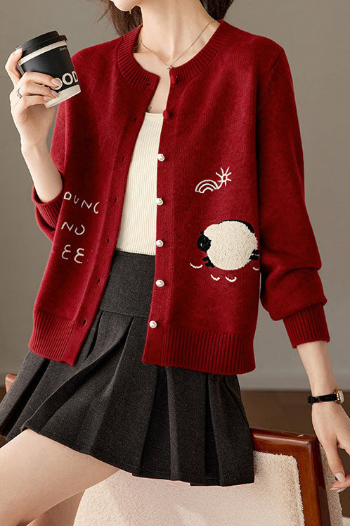 Casual Crew Neck Lamb Embroidered Knit Cardigan - liwisi