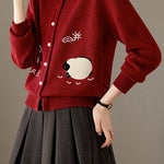 Casual Crew Neck Lamb Embroidered Knit Cardigan - liwisi