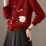 Casual Crew Neck Lamb Embroidered Knit Cardigan - liwisi