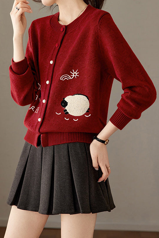 Casual Crew Neck Lamb Embroidered Knit Cardigan - liwisi