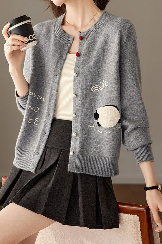 Casual Crew Neck Lamb Embroidered Knit Cardigan - liwisi