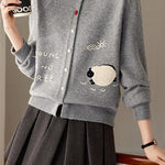 Casual Crew Neck Lamb Embroidered Knit Cardigan - liwisi