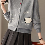 Casual Crew Neck Lamb Embroidered Knit Cardigan - liwisi