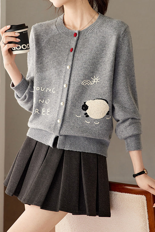Casual Crew Neck Lamb Embroidered Knit Cardigan - liwisi