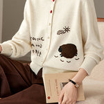Casual Crew Neck Lamb Embroidered Knit Cardigan - liwisi