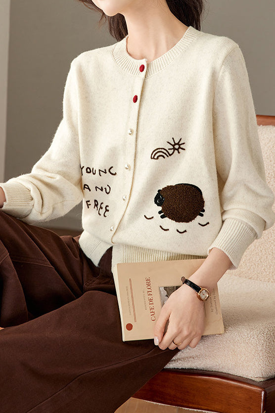 Casual Crew Neck Lamb Embroidered Knit Cardigan - liwisi