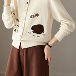 Casual Crew Neck Lamb Embroidered Knit Cardigan - liwisi
