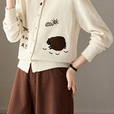 Casual Crew Neck Lamb Embroidered Knit Cardigan - liwisi