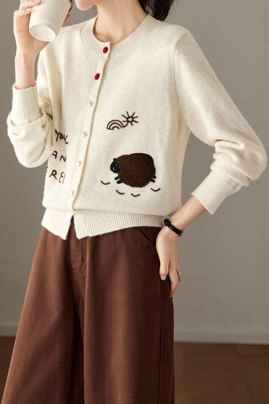 Casual Crew Neck Lamb Embroidered Knit Cardigan - liwisi