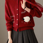 Casual Crew Neck Lamb Embroidered Knit Cardigan - liwisi