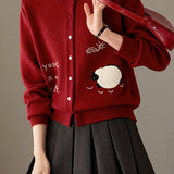 Casual Crew Neck Lamb Embroidered Knit Cardigan - liwisi