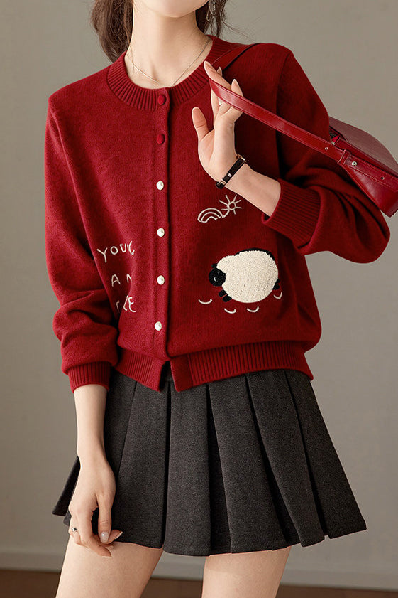 Casual Crew Neck Lamb Embroidered Knit Cardigan - liwisi