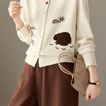 Casual Crew Neck Lamb Embroidered Knit Cardigan - liwisi