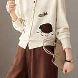 Casual Crew Neck Lamb Embroidered Knit Cardigan - liwisi