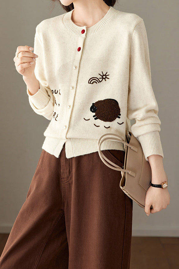 Casual Crew Neck Lamb Embroidered Knit Cardigan - liwisi