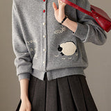 Casual Crew Neck Lamb Embroidered Knit Cardigan - liwisi