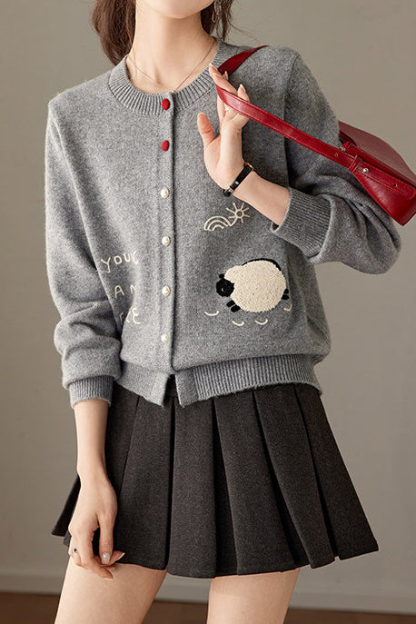 Casual Crew Neck Lamb Embroidered Knit Cardigan - liwisi