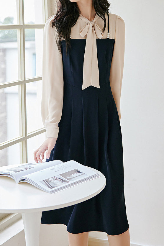 Elegant Layered Look Beaded Tie Neck Dress - liwisi