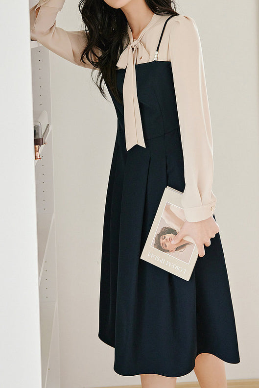 Elegant Layered Look Beaded Tie Neck Dress - liwisi