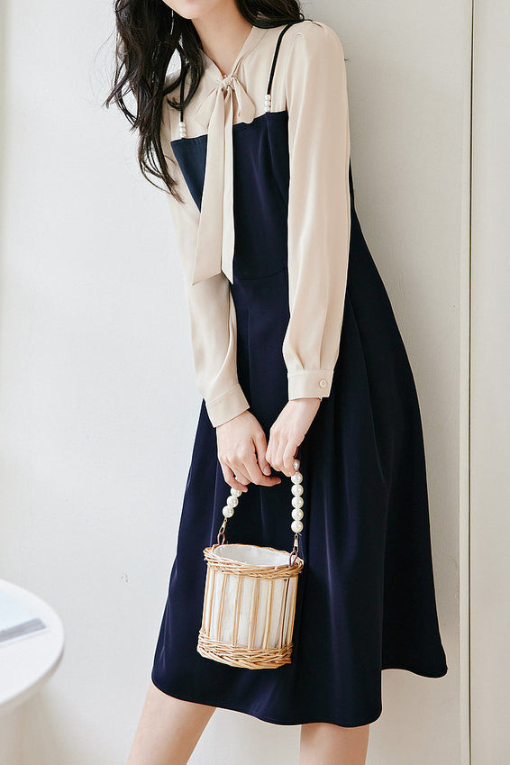 Elegant Layered Look Beaded Tie Neck Dress - liwisi