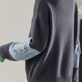 Casual Colorblock Crew Neck Knit Sweater with Denim Patch Pockets