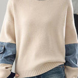 Casual Colorblock Crew Neck Knit Sweater with Denim Patch Pockets