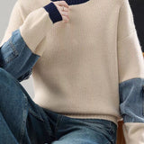 Casual Colorblock Crew Neck Knit Sweater with Denim Patch Pockets