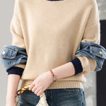 Casual Colorblock Crew Neck Knit Sweater with Denim Patch Pockets - liwisi
