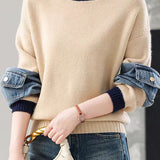 Casual Colorblock Crew Neck Knit Sweater with Denim Patch Pockets - liwisi