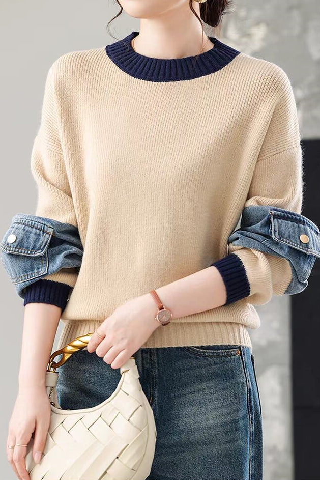 Casual Colorblock Crew Neck Knit Sweater with Denim Patch Pockets - liwisi