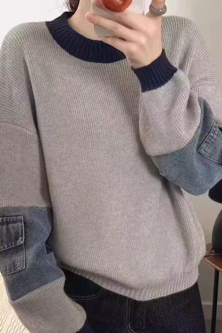 Casual Colorblock Crew Neck Knit Sweater with Denim Patch Pockets - liwisi