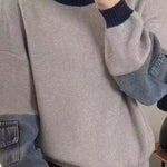 Casual Colorblock Crew Neck Knit Sweater with Denim Patch Pockets - liwisi