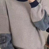 Casual Colorblock Crew Neck Knit Sweater with Denim Patch Pockets - liwisi