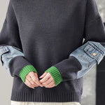 Casual Colorblock Crew Neck Knit Sweater with Denim Patch Pockets - liwisi