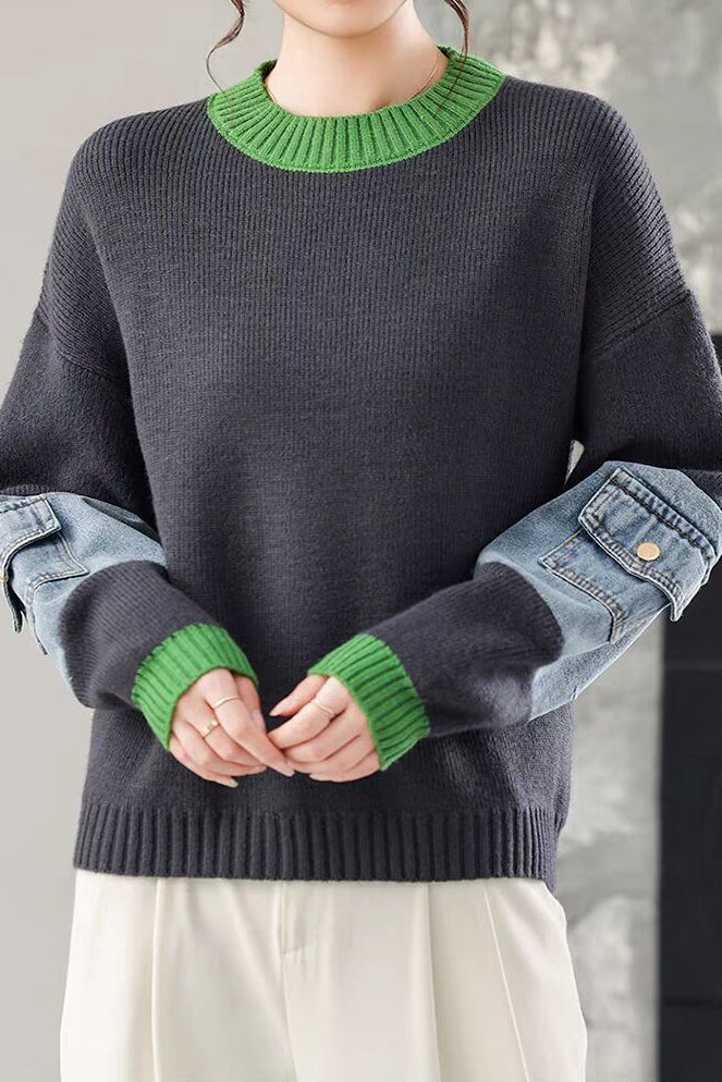 Casual Colorblock Crew Neck Knit Sweater with Denim Patch Pockets - liwisi