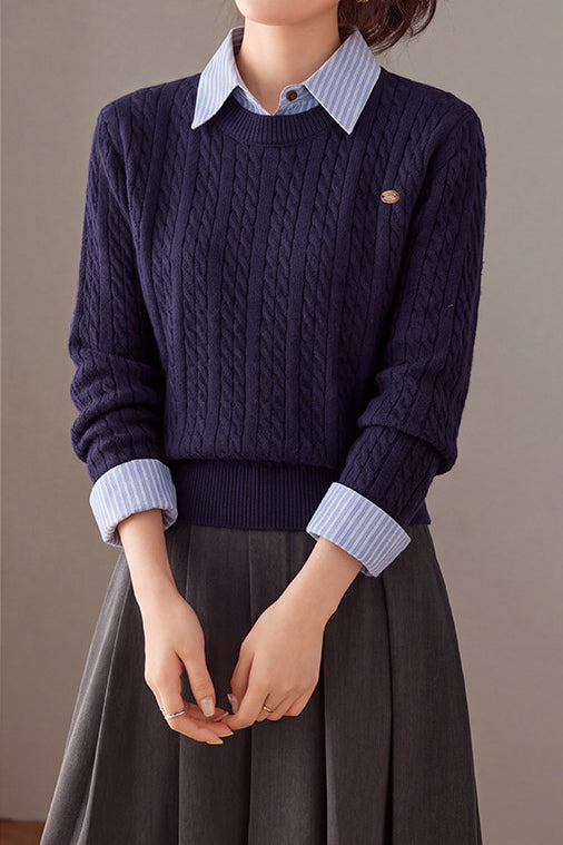 Casual Layered Look Striped Collared Cable Knit Sweater - liwisi